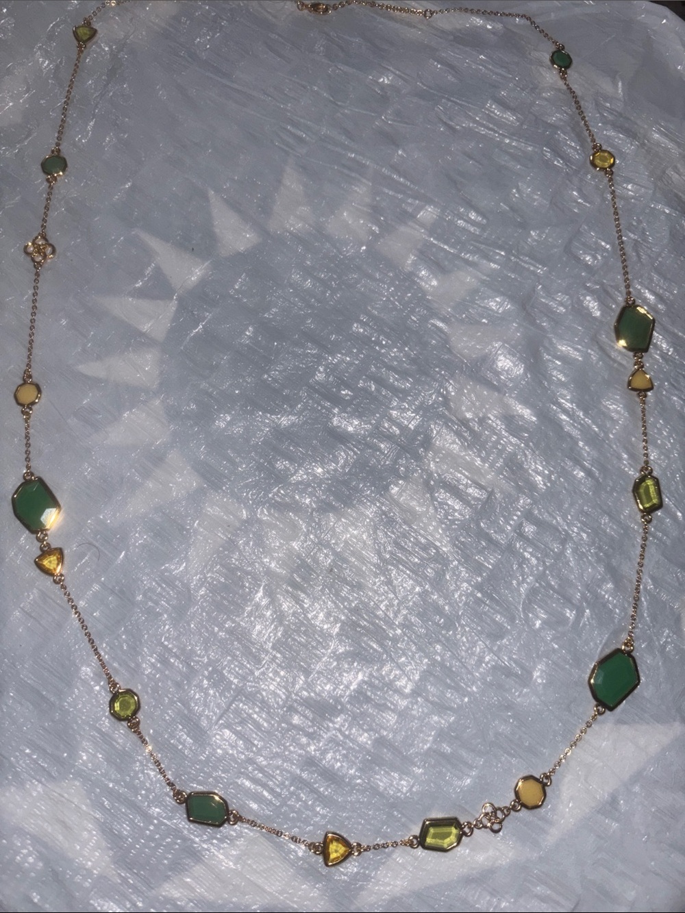 Gold-Tone Long Station Necklace with Green and Yellow Stones